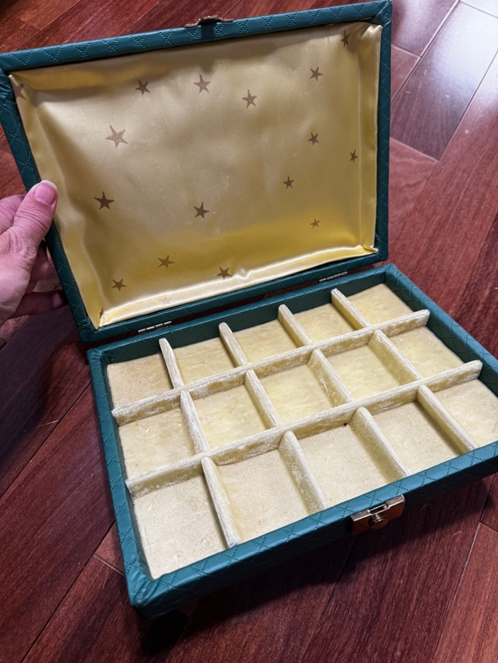 Vintage Green Quilted Leatherette Jewelry Box with Gold latch MCM